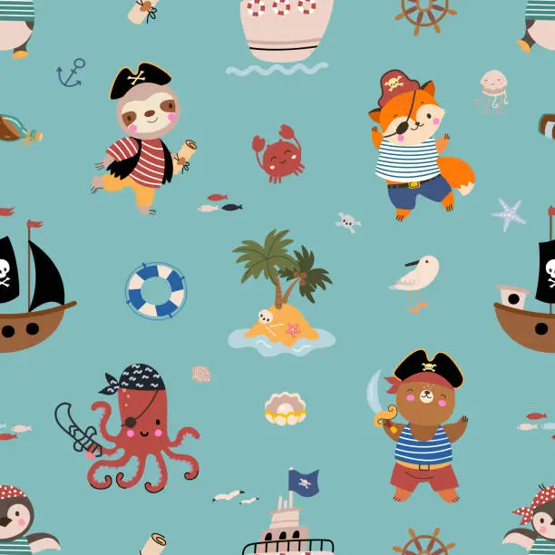 Vector illustration of Pirate marine print, animal pirates and ships. Cute children ocean seamless pattern, decorative nautical cartoon design. Nowaday animals vector background
