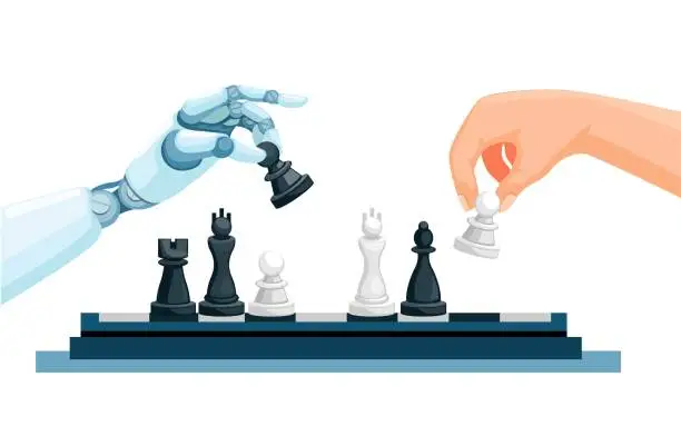 Vector illustration of Robot vs Human playing Chess game. artificial intelligence technology symbol cartoon illustration vector