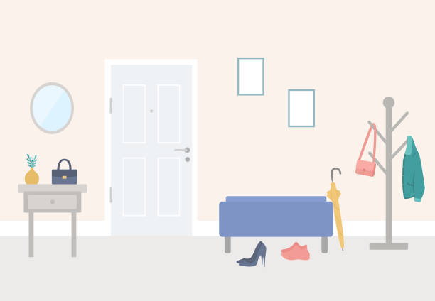 ilustrações de stock, clip art, desenhos animados e ícones de front door entrance to house with hassock, coat hook, drawer and mirror in corridor - interior