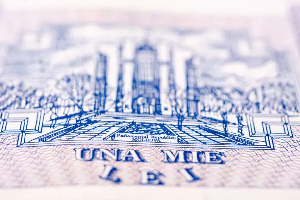 Photo of Banknote of one thousand Moldovan lei. Close-up of a banknote with many small details.