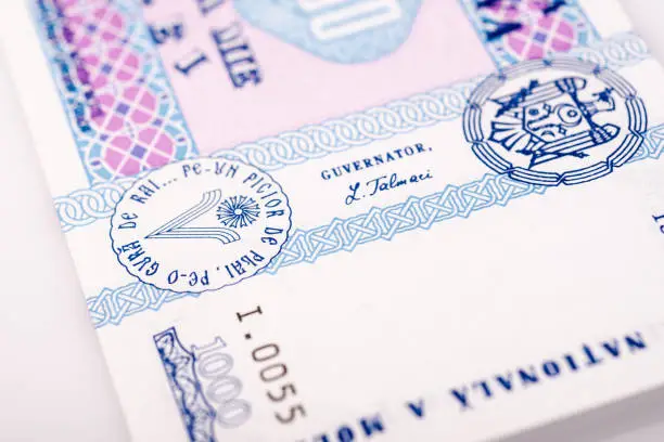 Photo of Banknote of one thousand Moldovan lei. Close-up of a banknote with many small details.