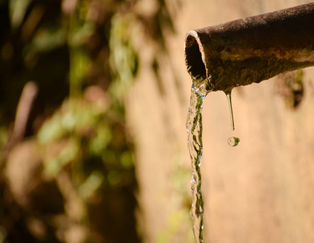 Experience the pure essence of nature as crystal-clear drinking water flows gracefully through a rustic metal pipe.