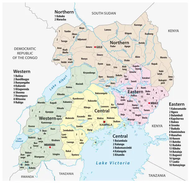 Vector illustration of vector administrative and political map of the Republic of Uganda