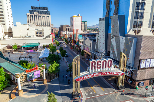 Reno, USA - June 17, 2012: The Reno Arch  in Reno, Nevada. The original arch was built in 1926 to commemorate the completion of the Lincoln and Victory Highways.