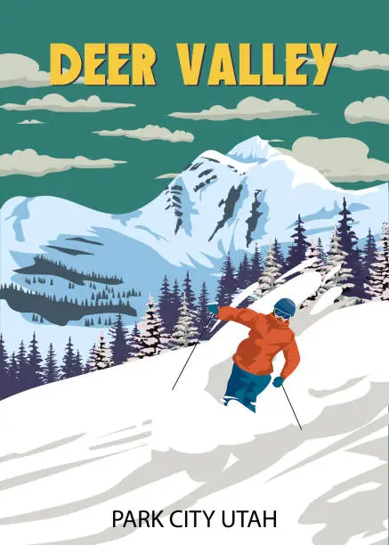 Vector illustration of Travel poster Ski Deer Valley resort vintage