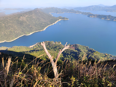 Panoramic view of Plover Cove reservoir from Pat Sin Leng, a mountain range in the northeast New Territories of Hong Kong, located within the Pat Sin Leng Country Park. The name means 