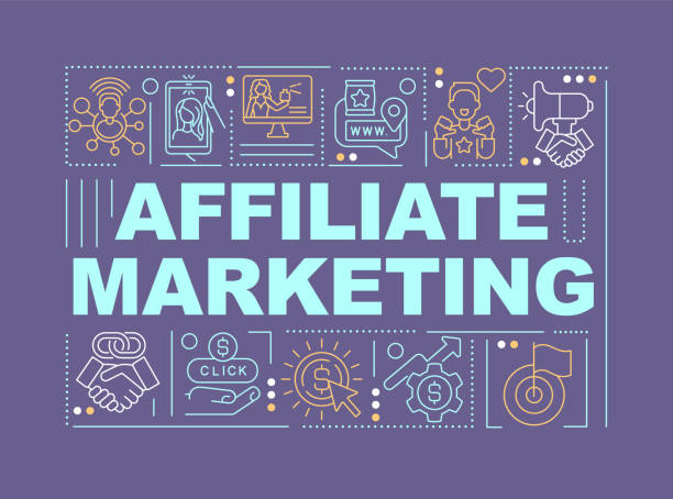 제휴 마케팅 단어 개념 보라색 배너 - affiliate marketing stock illustrations