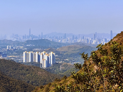 Landscape view in Pat Sin Leng Country Park, Hong Kong. In the distance, Shenzhen skyline, Guangdong.