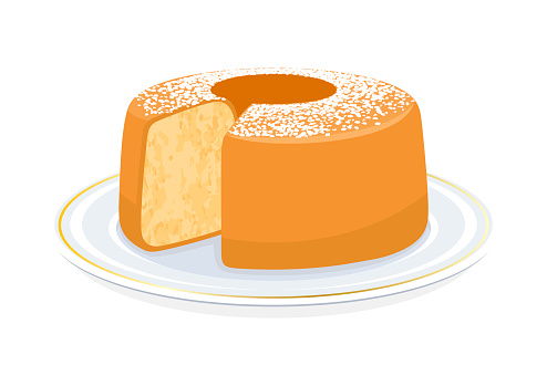 Light and fluffy vanilla chiffon cake on a plate icon vector isolated on a white background. Delicious sponge cake sliced drawing