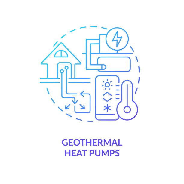 Geothermal heat pumps blue gradient concept icon Geothermal heat pumps blue gradient concept icon. Water circulation. Type of geothermal energy abstract idea thin line illustration. Isolated outline drawing. Myriad Pro-Bold font used geothermal reserve stock illustrations