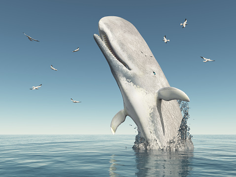 Computer generated 3D illustration with a sperm whale jumping out of the water