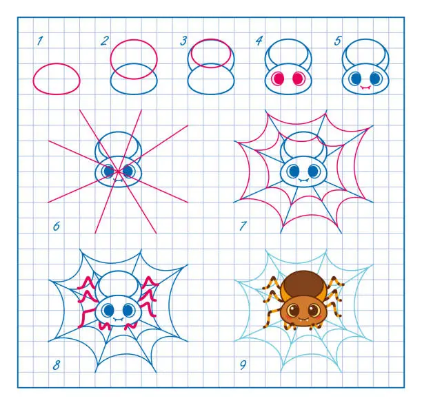 Vector illustration of How to Draw Spider, Step by Step Lesson for Kids, Cute Tarantula Coloring Page