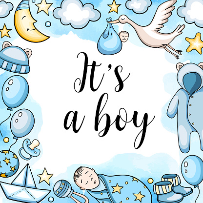 Greeting card It's a boy with cute baby accessory on a blue watercolor background. Baby shower. Vector illustration