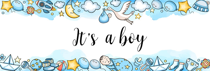 Greeting card It's a boy with cute baby accessory on a blue watercolor background. Baby shower horizontal banner. Vector illustration