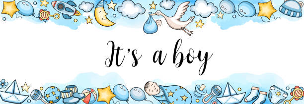 Greeting card It's a boy with cute baby accessory Greeting card It's a boy with cute baby accessory on a blue watercolor background. Baby shower horizontal banner. Vector illustration baby boy newborn backgrounds stock illustrations