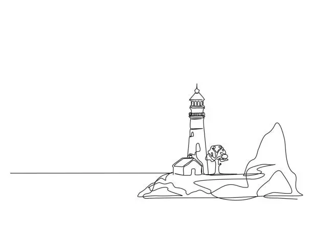 Vector illustration of Continuous one line drawing of lighthouse tower. Simple illustration of castle hill tower, sea coast line art vector illustration