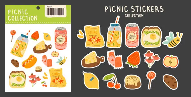 Vector illustration of Collection of stickers on a picnic theme. various fruits, berries, cheese, carbonated drink, chips, playing cards, bee, sandwich and other bright elements on an isolated background and a stickerpack