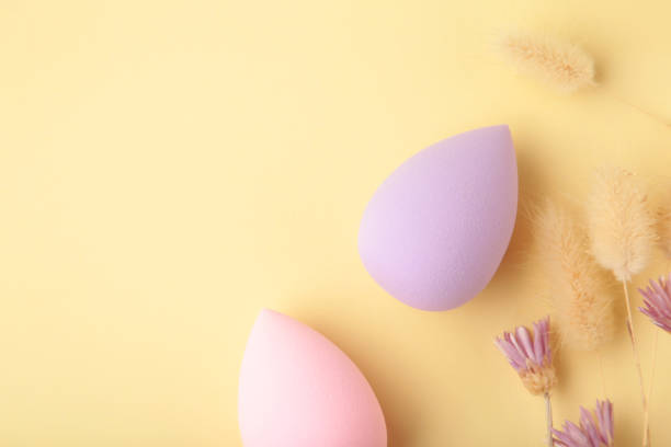 istock Make up - sponge with dry flowers on beige background. Space for text 1464459143