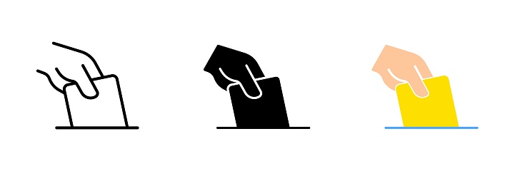 Hand with a ballot. Voting, elections, president, government, deputy, politics, election campaign, electors. Vector set icon in line, black and colorful styles isolated on white background