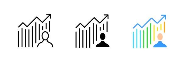 mann mit balkendiagramm. grafik, wachstum, pfeil nach oben, analyse, analyse, statistiken, statistische daten, finanzbericht. vektor-set-symbol in linie, schwarz und bunte stile isoliert auf weißem hintergrund - graph arrow sign chart single line stock-grafiken, -clipart, -cartoons und -symbole