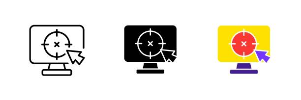 computer mit ziel und cursor. business-targeting, ziel, strategie, planung, präsentation, zielgruppe. vektor-set-symbol in linie, schwarz und bunte stile isoliert auf weißem hintergrund - archery target sport sport computer icon stock-grafiken, -clipart, -cartoons und -symbole