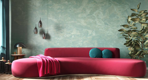 nowoczesny wystrój mieszkania, salonu z czerwoną sofą nad stiukową ścianą. wnętrze domu z rośliną. renderowanie 3d - eclectic zdjęcia i obrazy z banku zdjęć