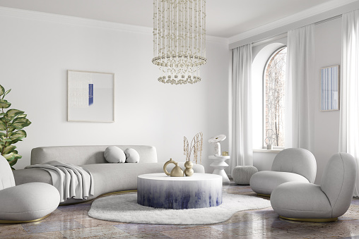 Modern interior design of apartment, living room with white sofa, round armchairs. Accent coffee table and chandelier. Home interior with furry rug. 3d rendering