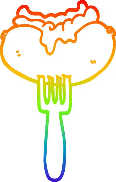 Vector illustration of rainbow gradient line drawing of a cartoon hotdog with mustard and ketchup on fork