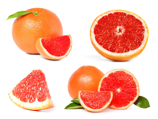 istock Set with whole and cut ripe juicy grapefruits on white background 1464462685