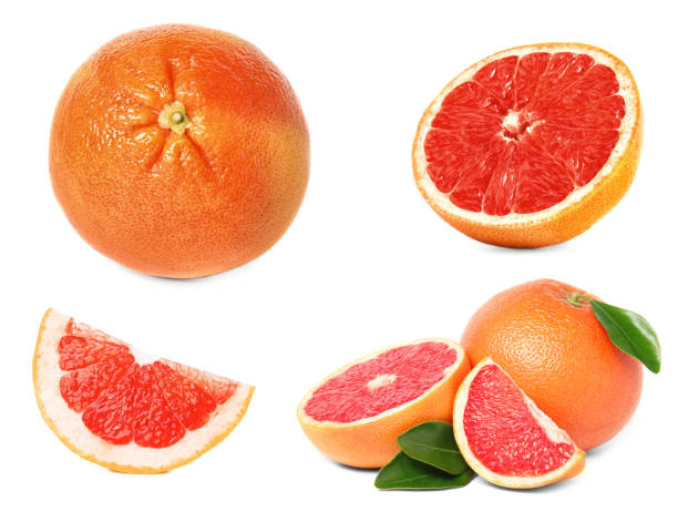 istock Set with whole and cut ripe juicy grapefruits on white background 1464462689