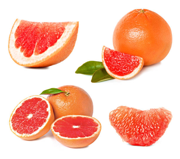 istock Set with whole and cut ripe juicy grapefruits on white background 1464462790