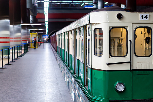 Exhibition of old subway trains of the Madrid subway, on the platforms of line 10 of Chamartin station.