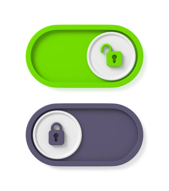 3D Neumorphism on off button symbol, soft green and dark slider bars, active unlock and lock power badges, user interface switch panels. 3d render