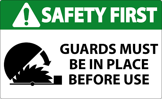 Safety First Guards Must Be In Place Sign On White Background