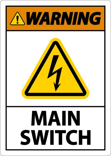 Vector illustration of Warning Main Switch Sign On White Background