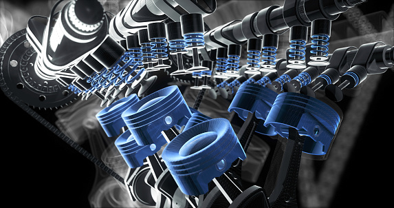 V8 Engine Pistons Moving Up And Down. Crankshaft In Motion. Machines And Industry Related 3D Illustration Render.