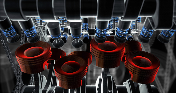 Powerful V8 Engine Working. Engine parts are visible. Rotating Slowly. Machines And Industry Related 3D Illustration Render.