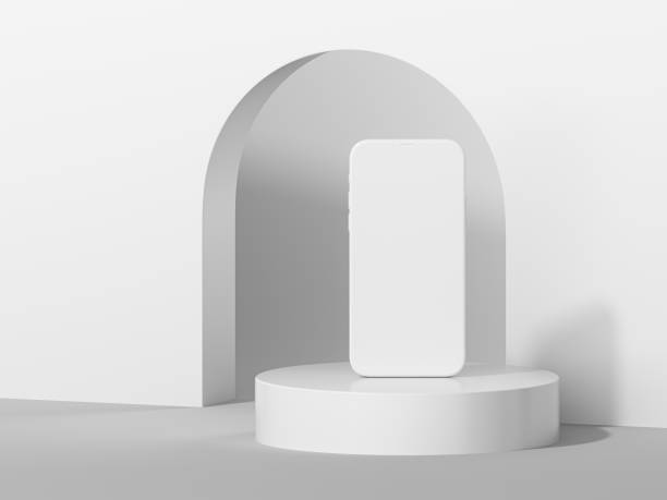 istock White Clay Smartphone mockup front view on white shape podium, 3d render. Minimal concept 1464470795