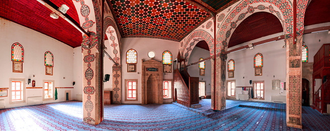 Tokat, Turkey, August 2021: Interior of the Tokat Ulu Mosque built by the Danes in the 12th century at the historical site of Sulu Sokak in Tokat and restored by Sultan Mehmed 4th in 1679