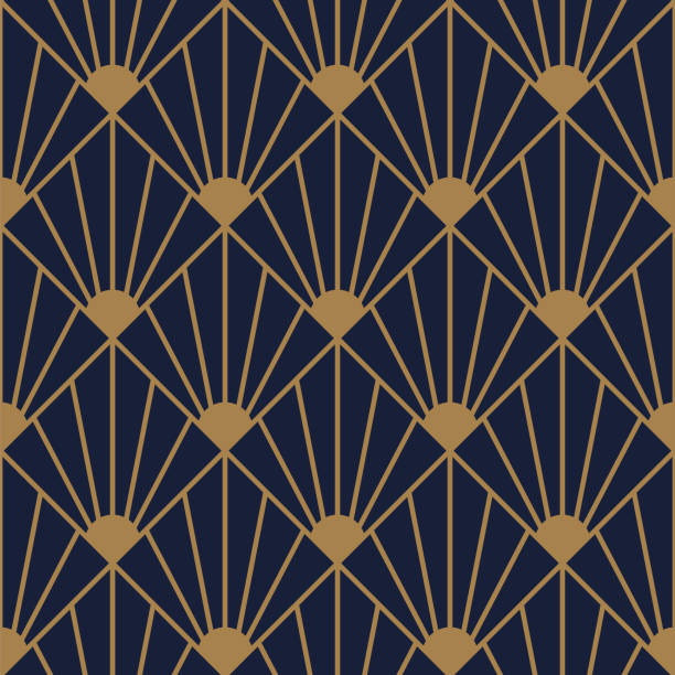 istock Art Deco fan pattern in gold and blue color. Decorative seamless background. 1464472022