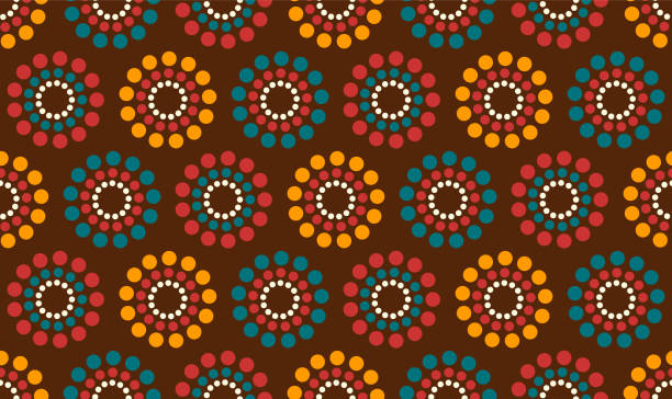 ilustrações de stock, clip art, desenhos animados e ícones de mid century modern seamless pattern with circles of dots in brown, orange, red and turquoise. 60s and 70s aesthetic style for home decor, textile, wallpaper and wrapping paper - quilt 60s 70s activity