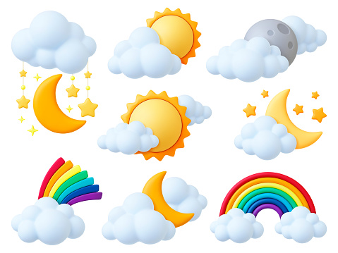 Cartoon 3d weather elements. Sun moon and stars, rainbow and fluffy clouds. Nature plasticine objects, render style design. Night morning pithy vector set of moon 3d and sun element illustration