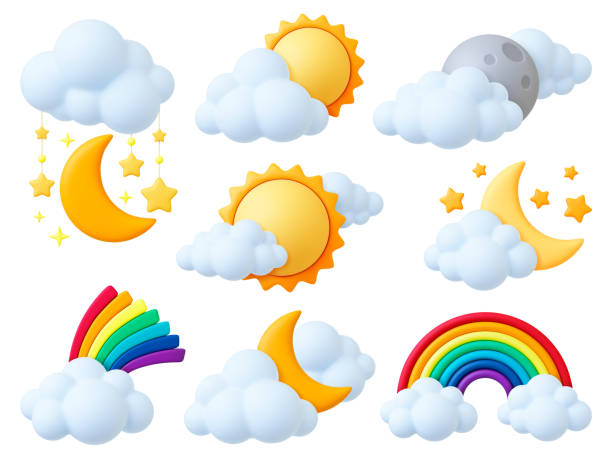 Cartoon 3d weather elements. Sun moon and stars, rainbow and fluffy clouds. Nature plasticine objects, render style design. Night morning pithy vector set vector art illustration