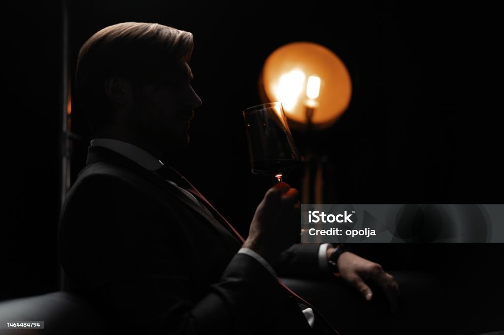 Jóképű, elegáns férfi portréja egy pohár borral egy sötét szobában - Jogdíjmentes Ember témájú stock fotó Jóképű, elegáns férfi portréja egy pohár borral egy sötét szobában - Jogdíjmentes Ember témájú stock fotó