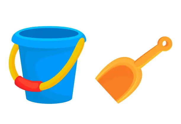 Vector illustration of Baby bucket with spatula kids plastic toy isometric vector childish sand game equipment