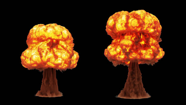 3d-rendering nukleare explosion auf schwarzem hintergrund - mushroom cloud stock-fotos und bilder