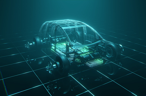 A 3D visualisation of a conceptual electric car with a wireframe chassi over a solid base structure. The futuristic electric car is driving through a dark wireframe landscape in this 3D stock image. Symbolising the shift towards sustainable transportation. Ideal for promoting eco-conscious products and cutting-edge technology.