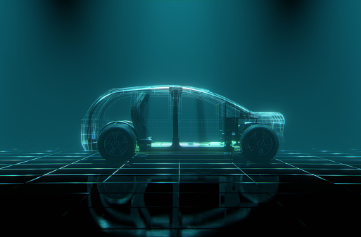 A 3D visualisation of a conceptual electric car with a wireframe chassi over a solid base structure. The futuristic electric car is driving through a dark wireframe landscape in this 3D stock image. Symbolising the shift towards sustainable transportation. Ideal for promoting eco-conscious products and cutting-edge technology.