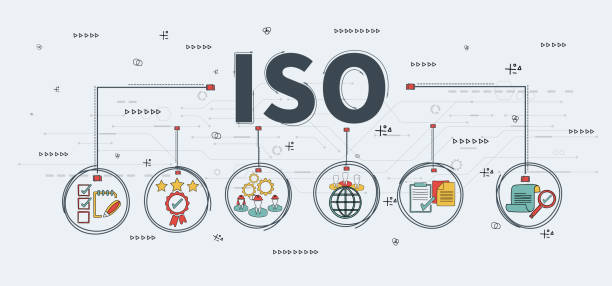 ilustrações, clipart, desenhos animados e ícones de normas iso garantia de garantia de controle de qualidade conceito de tecnologia de negócios. iso banner doodle mão desenhar ícone conceito ilustrador vetorial infográfico design minimalista. - quartermaster