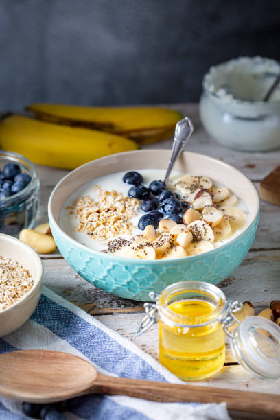 istock Blueberries, banana slices, oat flakes and yoghurt 1464491166